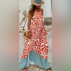 Source Unknown Red and Blue Patterned Maxi Dress